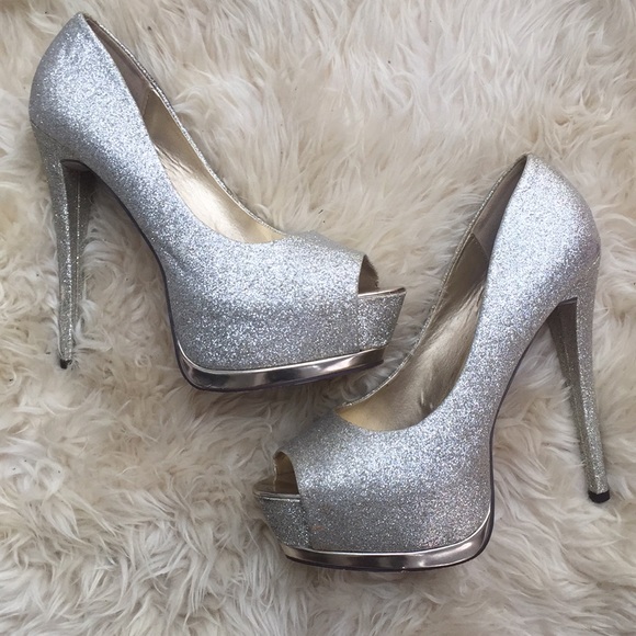 Speed Limit 98 Shoes - Sparkly platform peep toe pumps